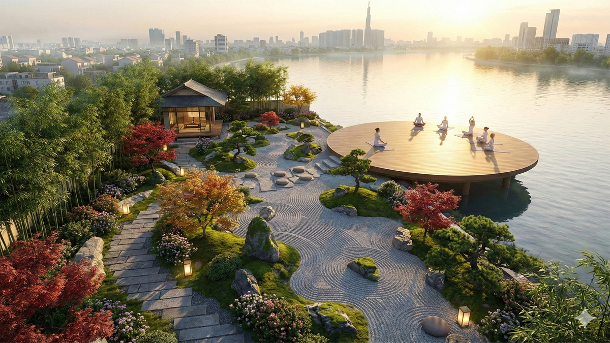 Phối cảnh tiện ích Tổ hợp Zen Garden & Yoga Deck của Masteri Homes