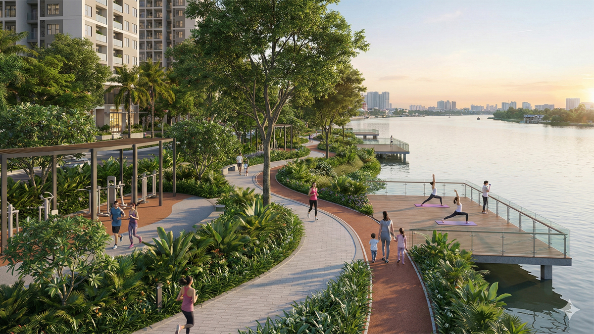Phối cảnh tiện ích công viên ven sông tại dự án Masteri Thanh Đa Peninsula Bình Thạnh của tập đoàn Masterise Homes